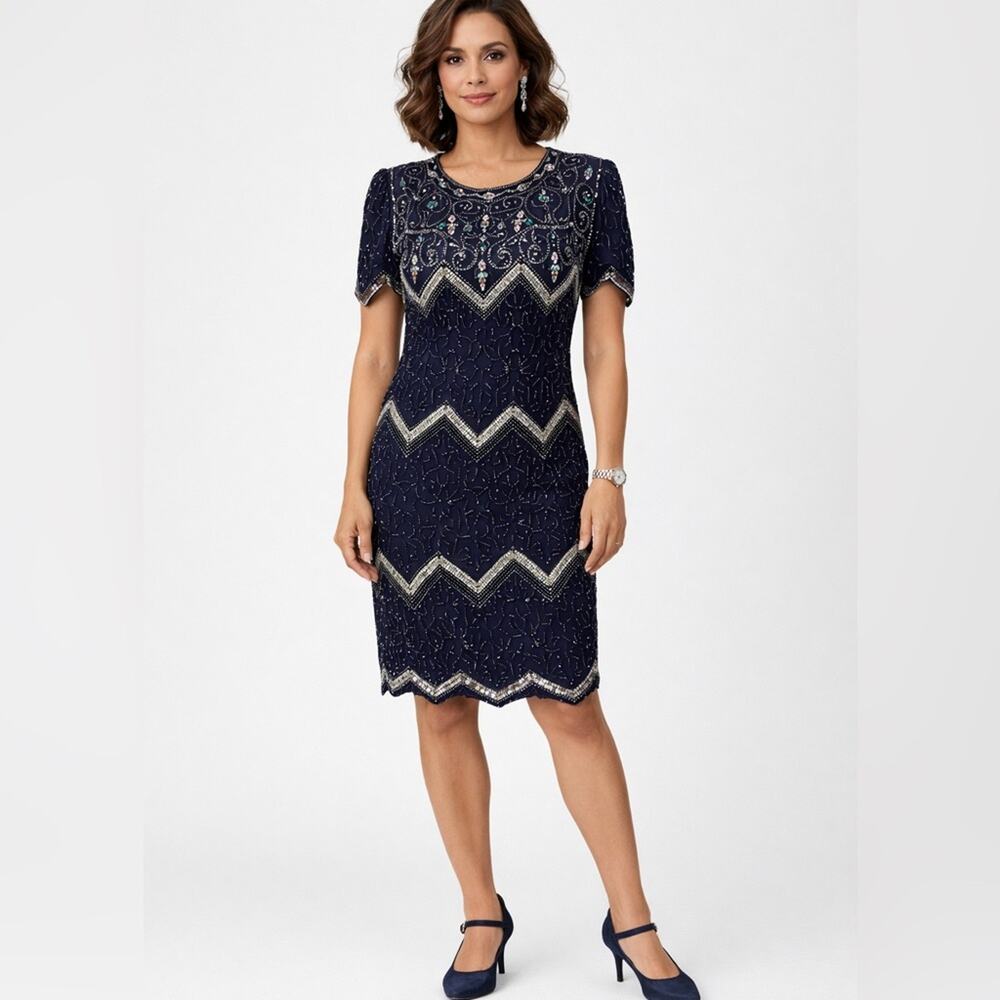 ✨ Vintage Laurence Kazar Beaded Navy Cocktail Dress Silk ✨